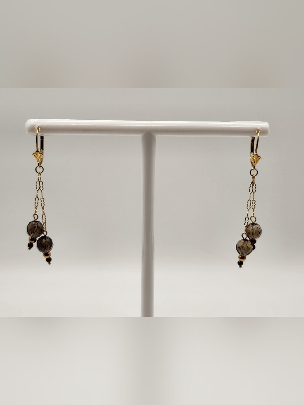 10K Yellow Gold Smoky Quartz Bead Chain  Leverback Dangle Earrings 3" 2g